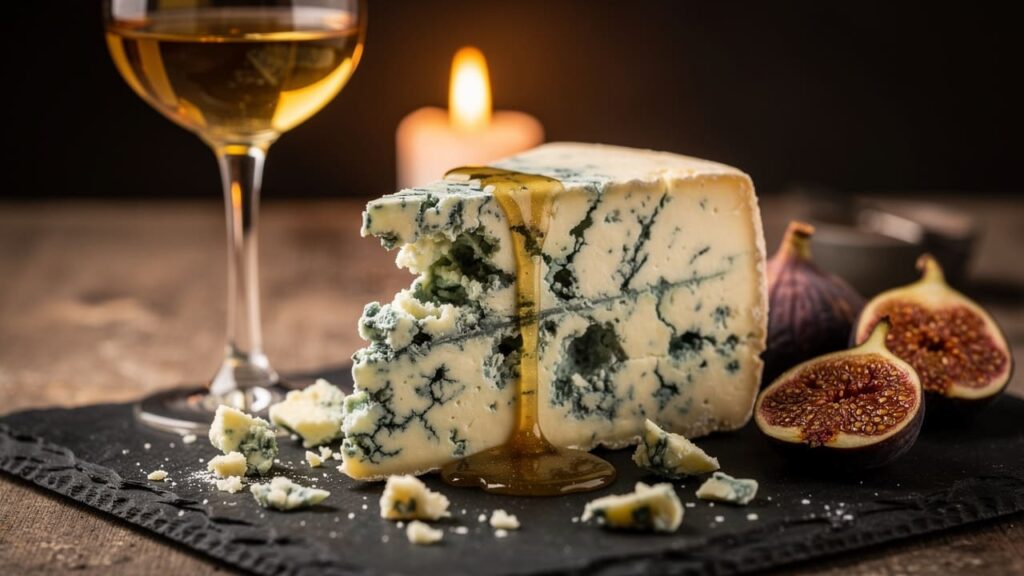 Blauwschimmelkaas met zoete dessertwijn. Blauwschimmelkaas met zoete dessertwijn