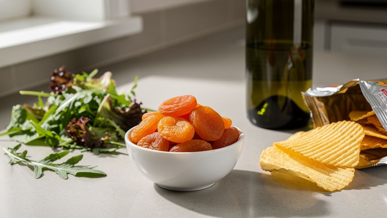 Voedingsmiddelen met sulfiet zoals gedroogd fruit en chips Voedingsmiddelen met sulfiet zoals gedroogd fruit en chips