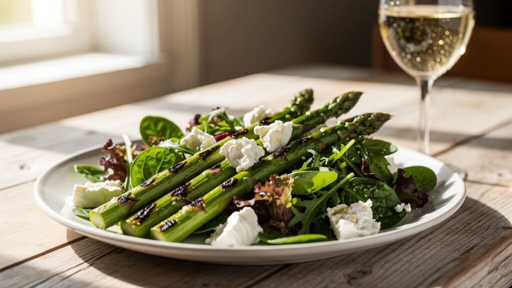 Gegrilde groene asperges met geitenkaas en wijn.