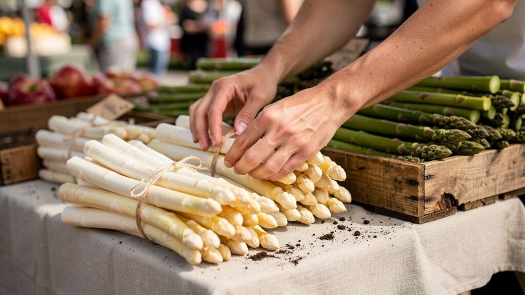 Verse asperges selecteren op de markt.