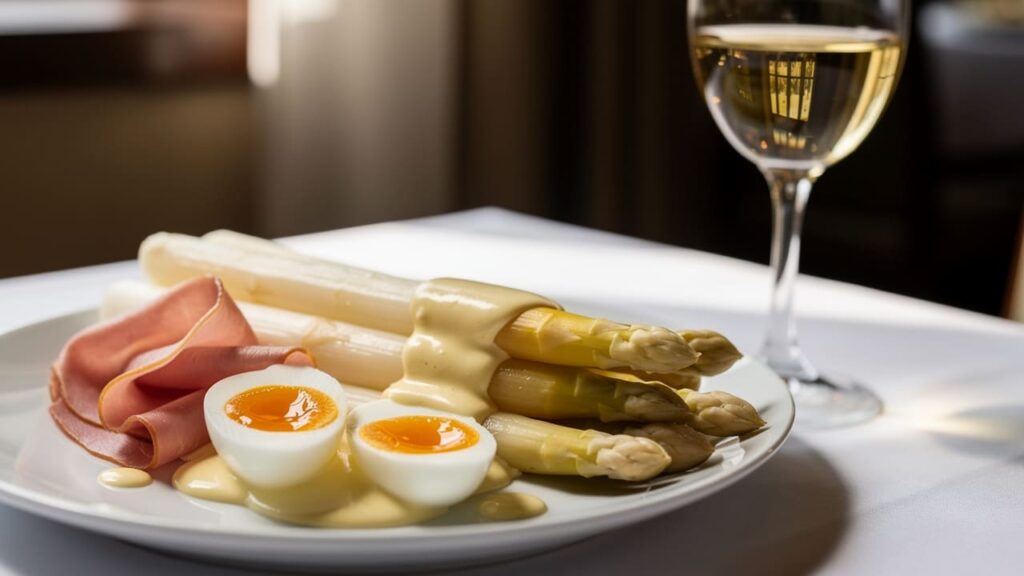Witte asperges met ham, ei en hollandaisesaus.