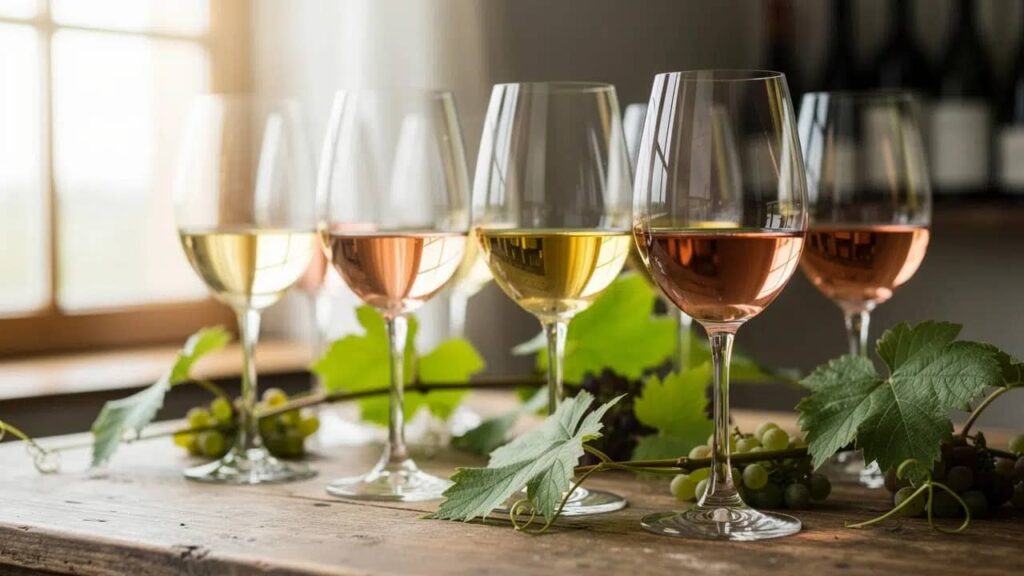 Witte en rosé Piwi wijnen klaar voor proeverij. Witte en rosé Piwi wijnen klaar voor proeverij.