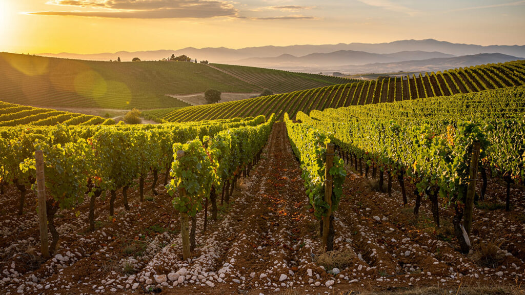 Rioja wijngaarden met terrasvormige hellingen bij zonsondergang.
