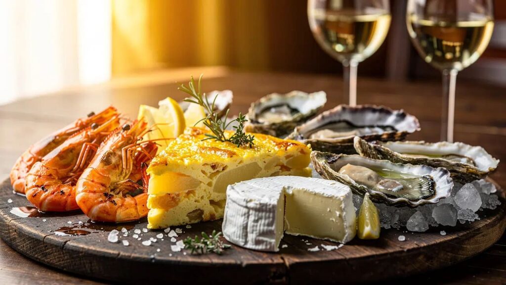 Spaanse tapas met verse zeevruchten en Macabeo wijn.