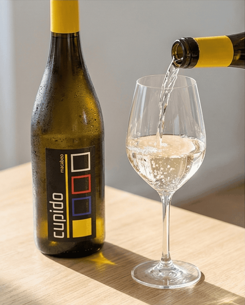 Fles Cupido Macabeo wordt uitgeschonken in wijnglas.