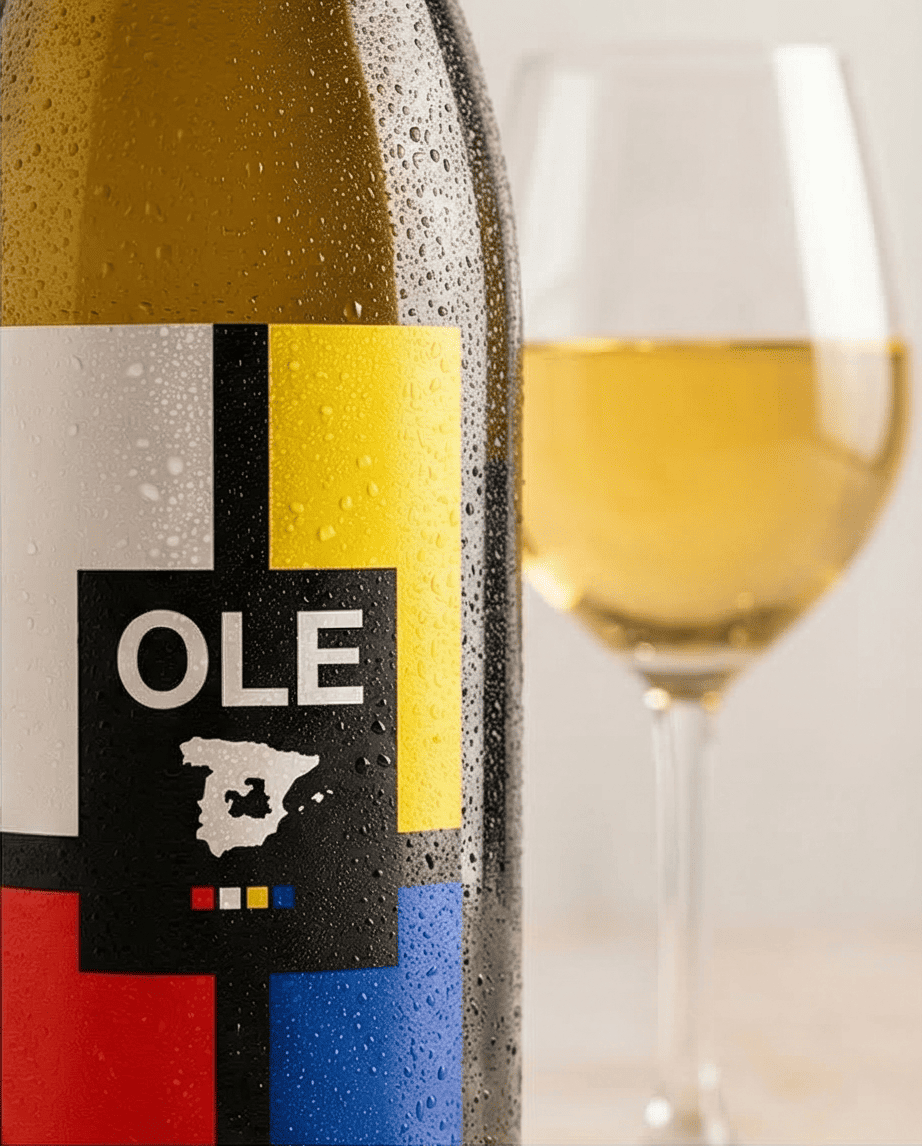 Etiket Ole Chardonnay met glas witte wijn