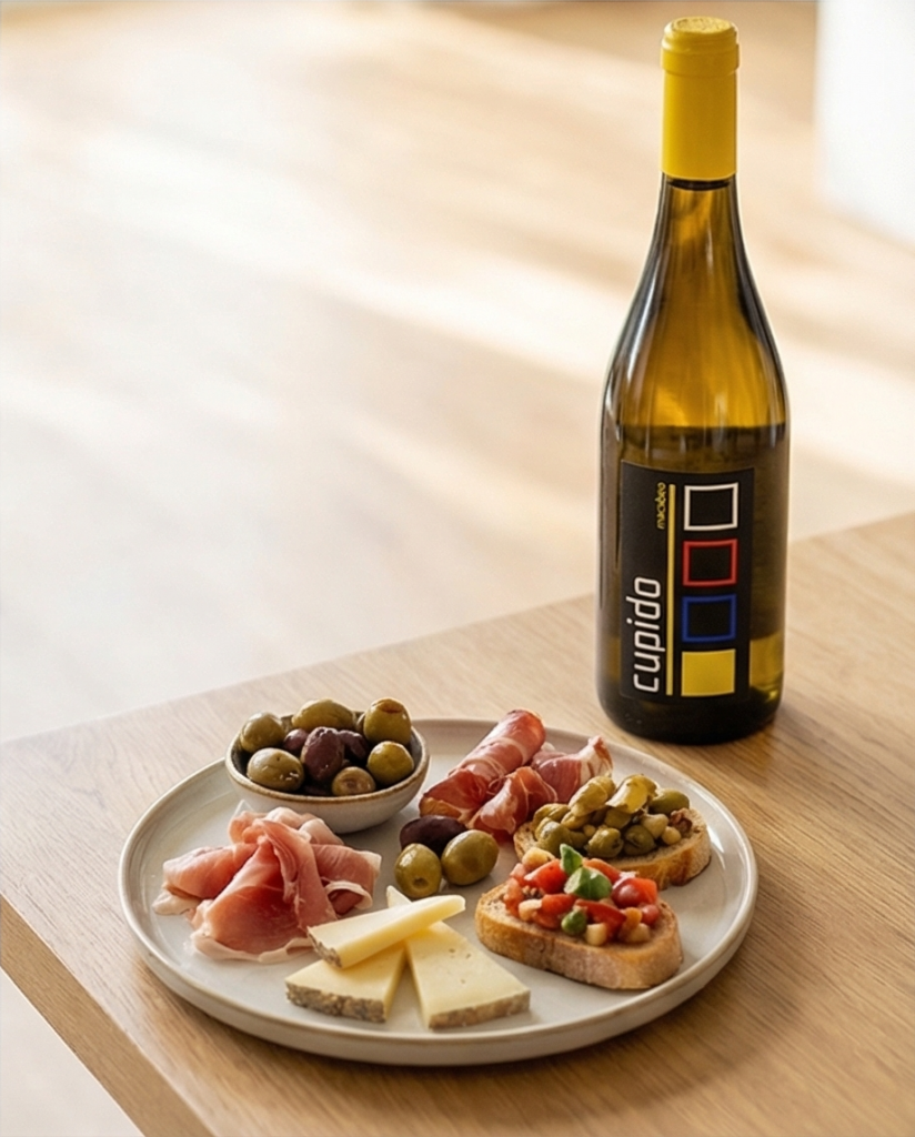 Fles Cupido Macabeo met Tapas op tafel.
