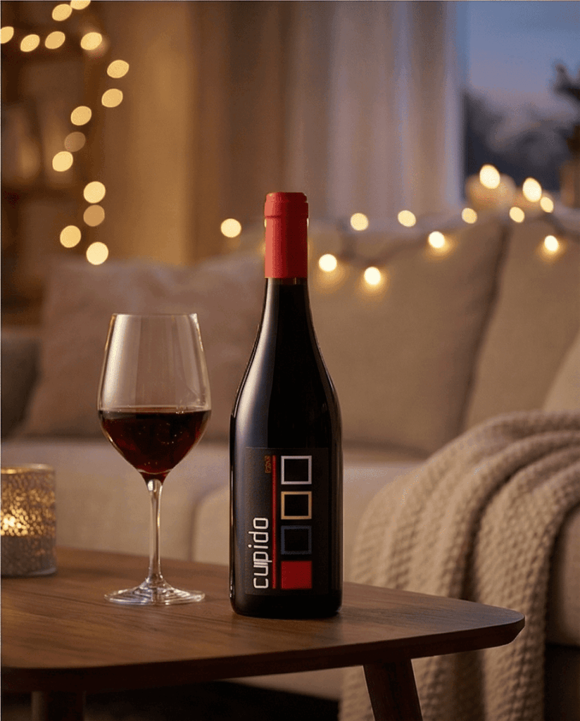 Fles Cupido Bobal met glas rode wijn op tafel.