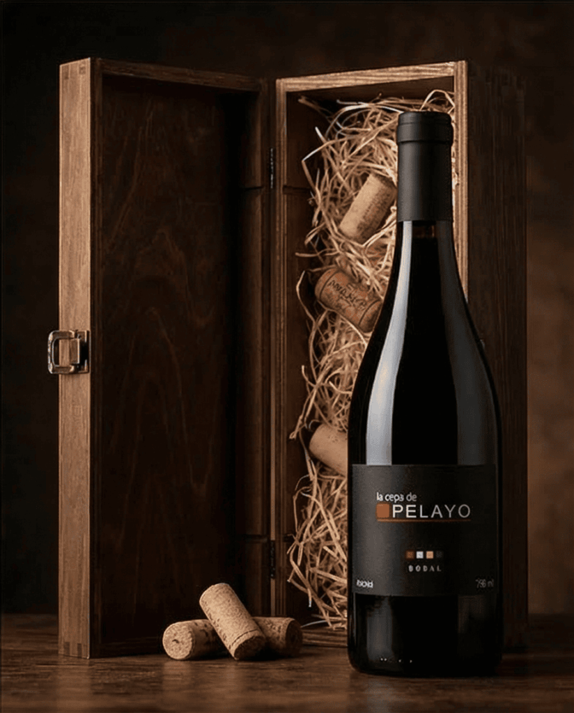Fles La Cepa de Pelayo met wijnkist.
