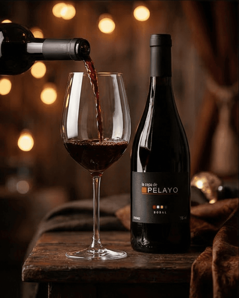 Fles La Cepa de Pelayo met glas rode wijn.