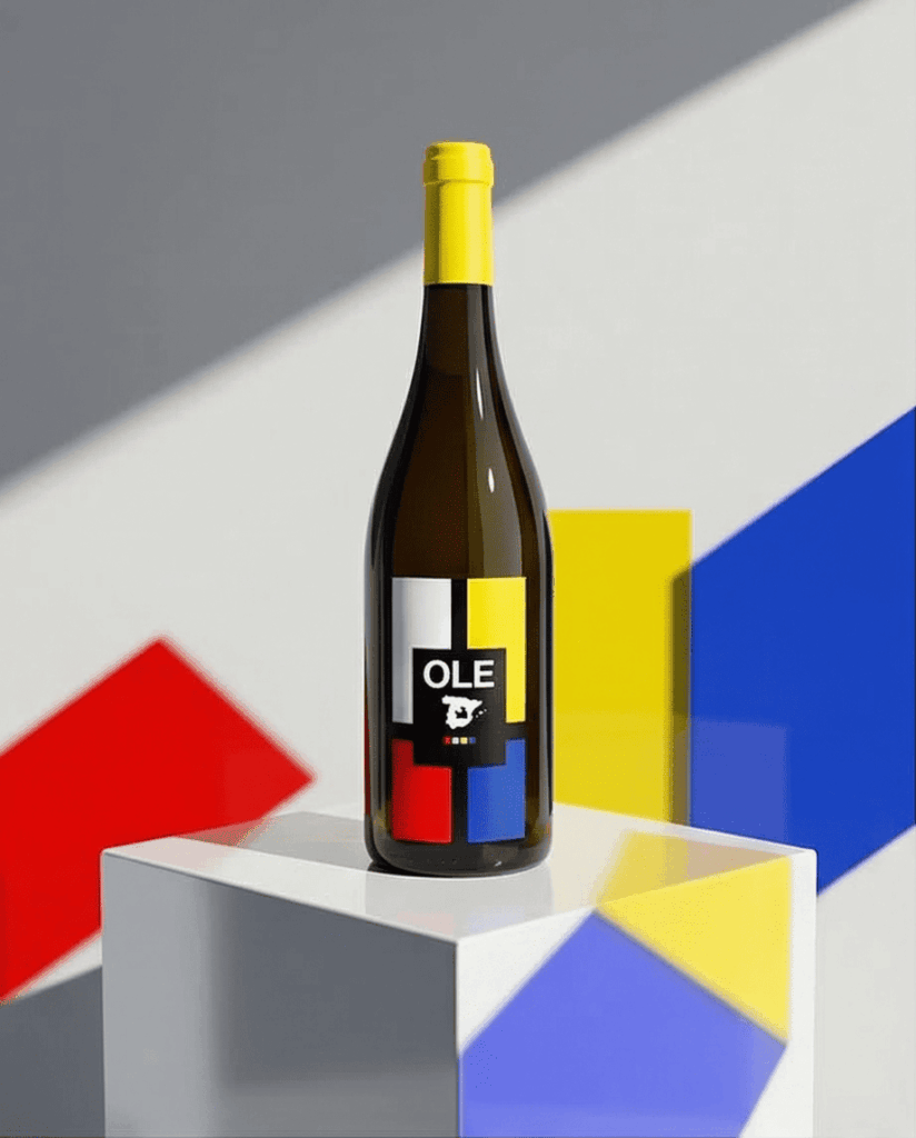 fles Ole Chardonnay op sokkel in Mondriaan kleuren