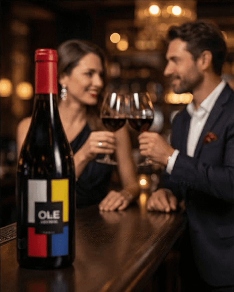 Fles Ole de Aromas met proostende mensen.