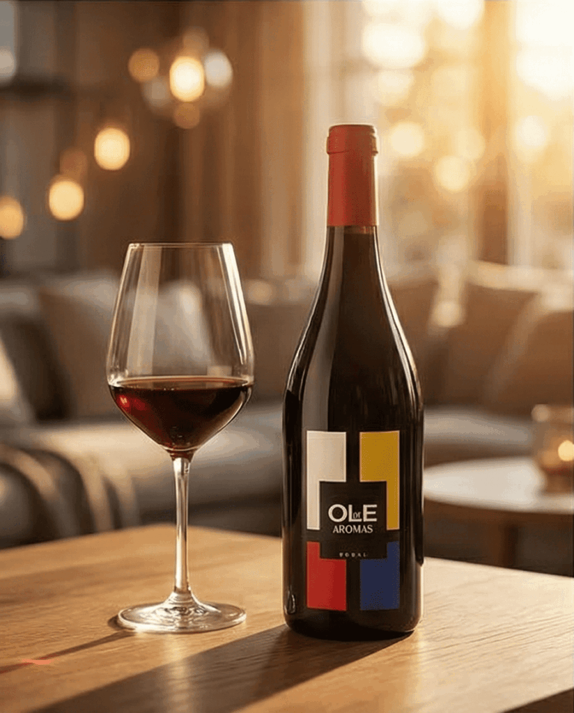 Fles Ole de Arpmas met glas rode wijn