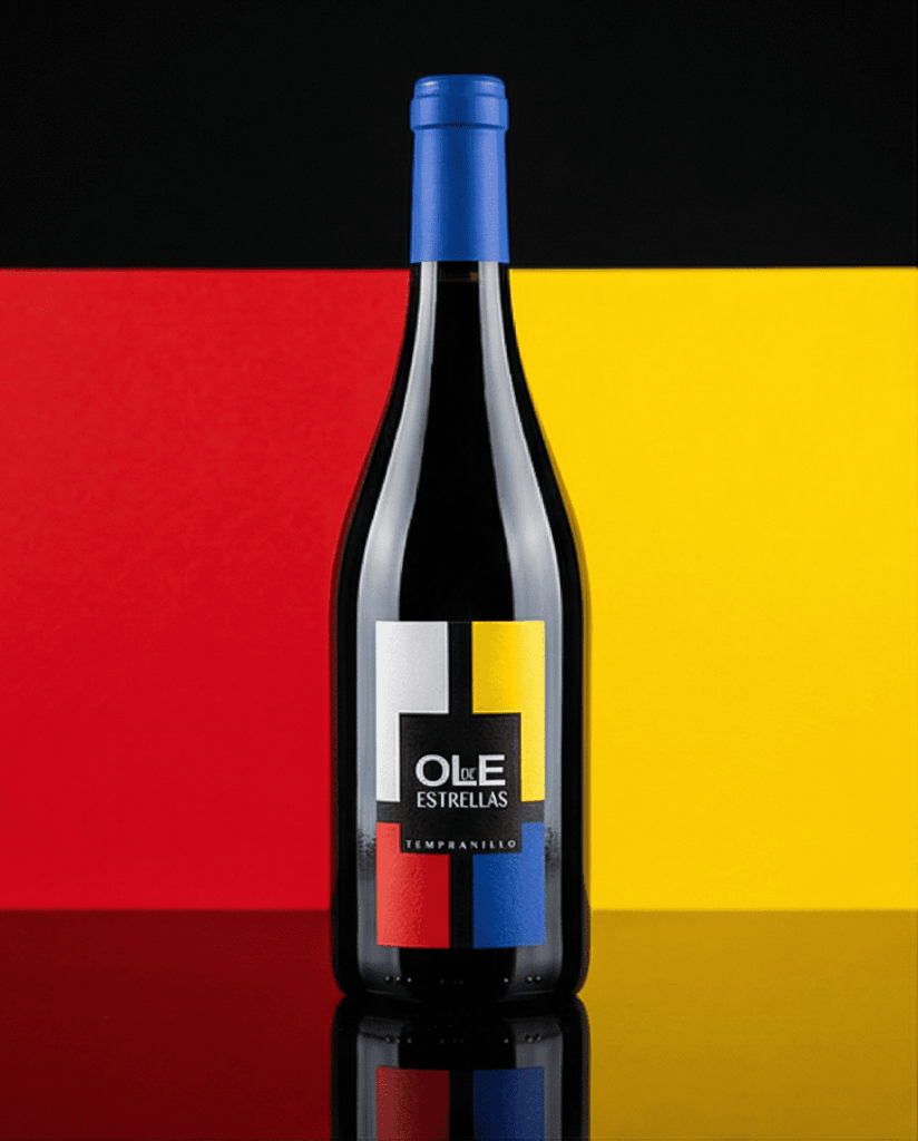 Fles Ole de Estrellas Tempranillo met Mondriaan kleuren.