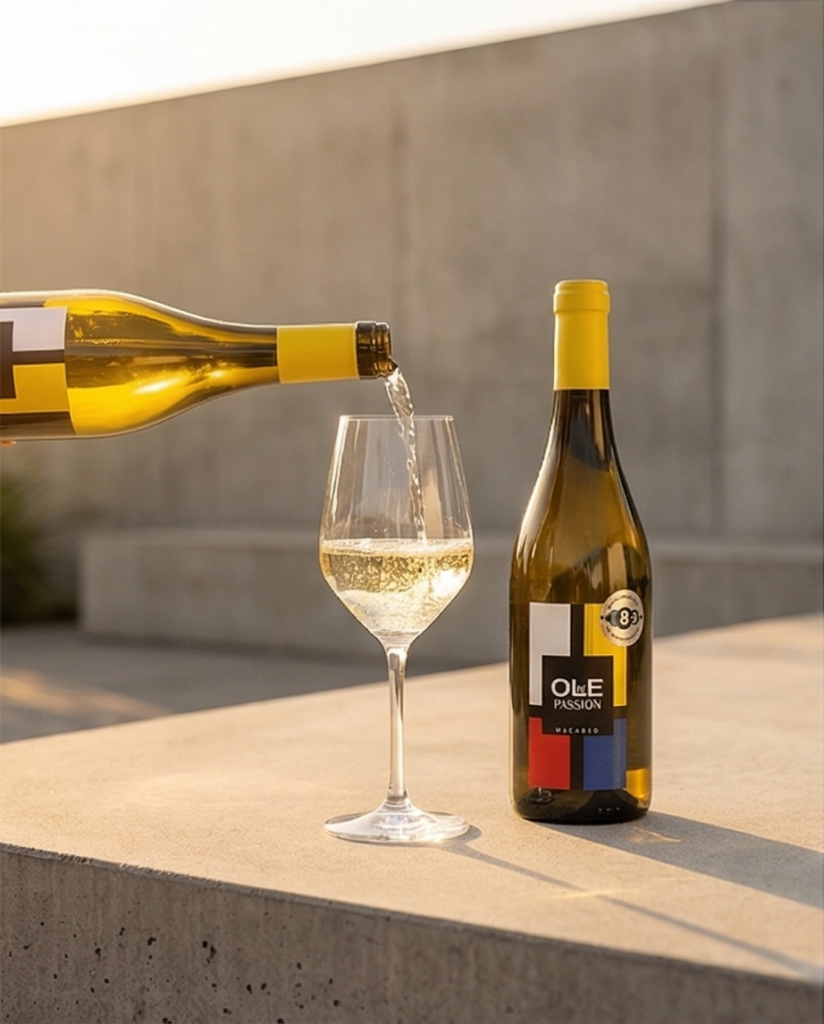 Fles Ole de Passion Macabeo wordt ingeschonken op terras