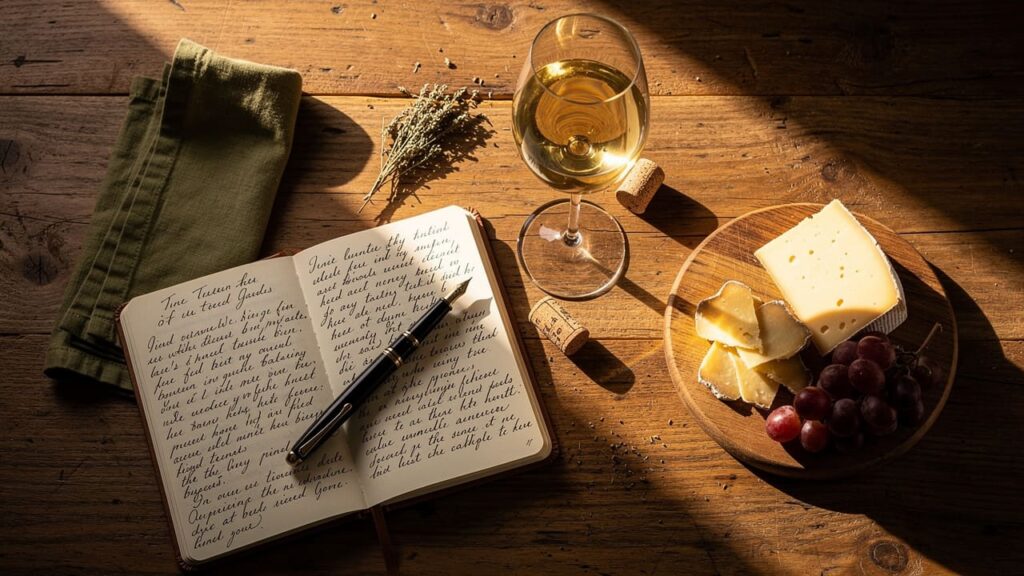 Wijnproefnotities dagboek met glas kaas druiven.