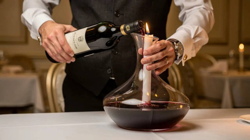 Sommelier decanteer rode wijn kaarslicht.