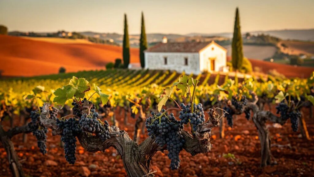 Spaanse wijngaard Tempranillo druiven zonsondergang.