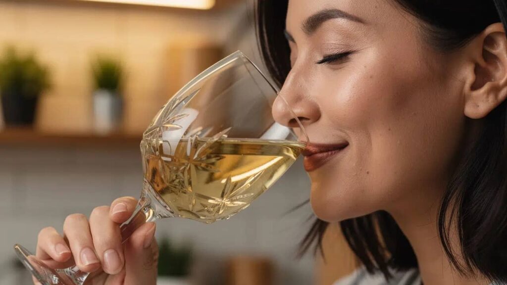Vrouw ruikt bewust aan aroma's witte wijn.