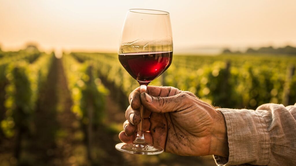 Wijnmaker houdt glas rood op in wijngaard.