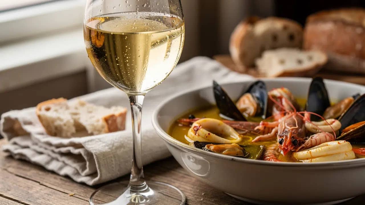 Glas Albariño witte wijn naast zeevruchten paella. Glas Albariño witte wijn naast zeevruchten paella.