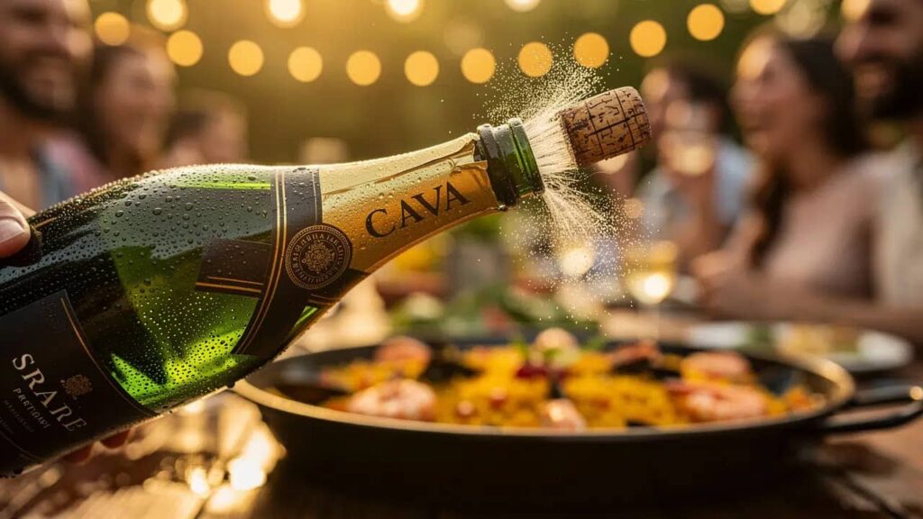 Fles Cava wordt ontkurkt naast feestelijke paella maaltijd.