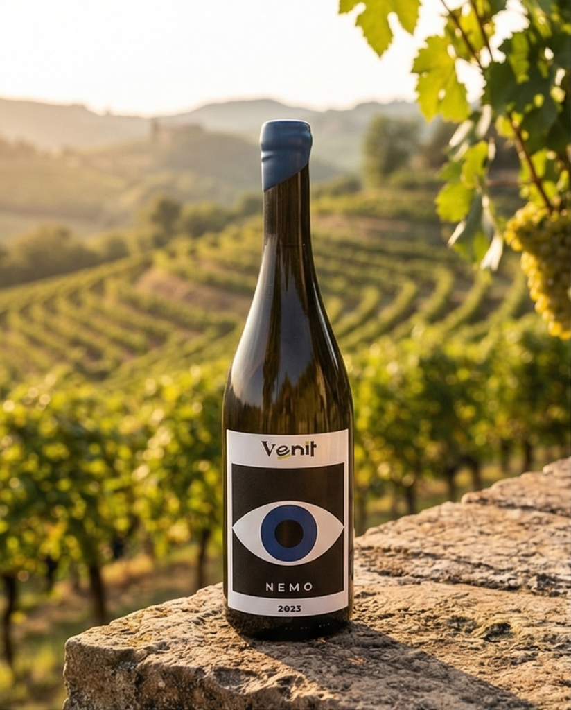 Fles Nemo Solaris op muur van de wijngaard.