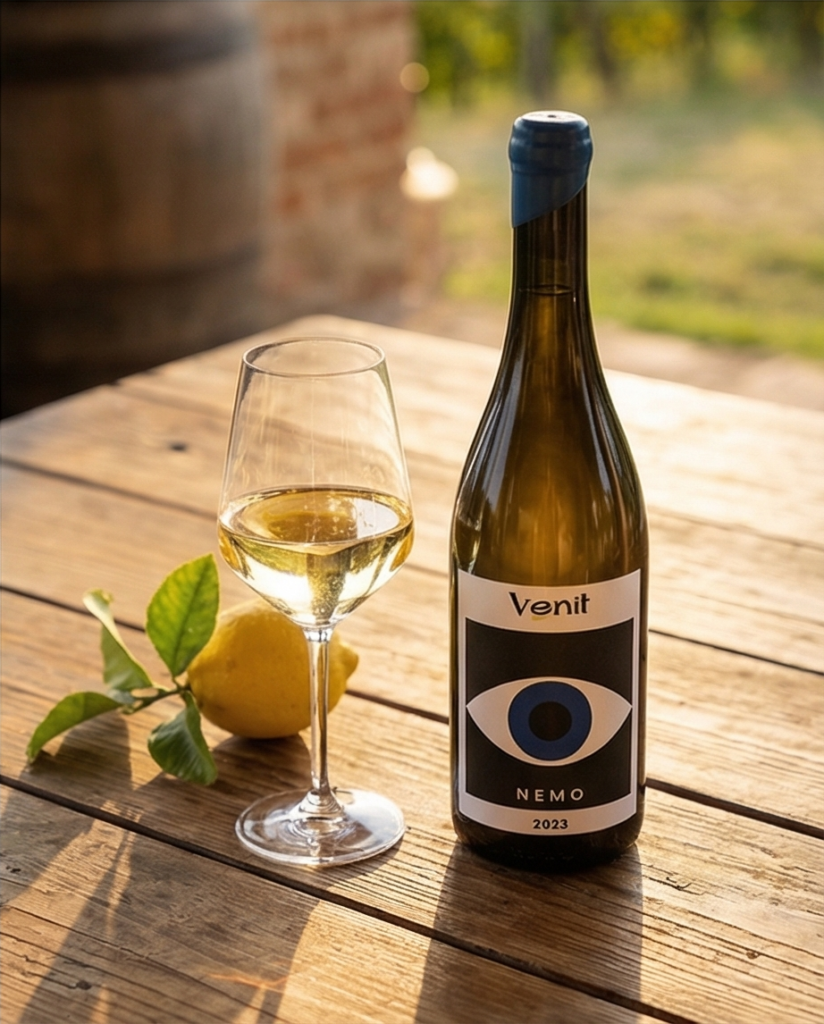 Fles Nemo Solaris op tafel met glas witte wijn en een citroen.