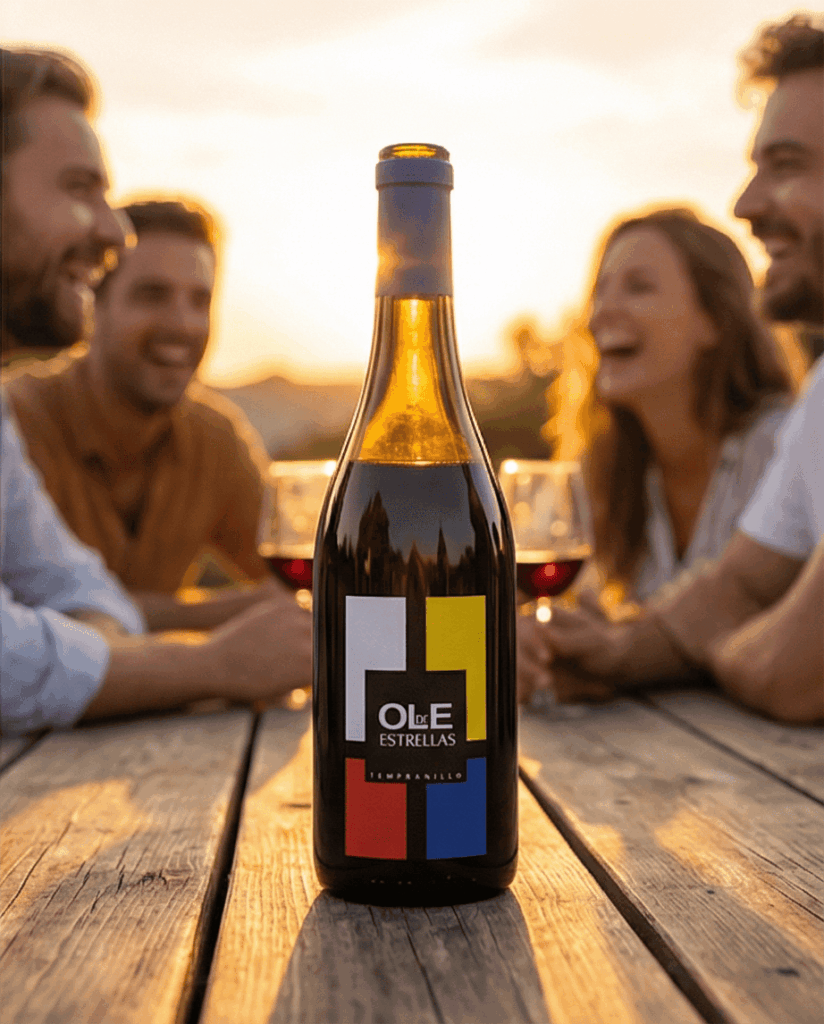 fles Ole de Estrellas Tempranillo op tafel met vrienden