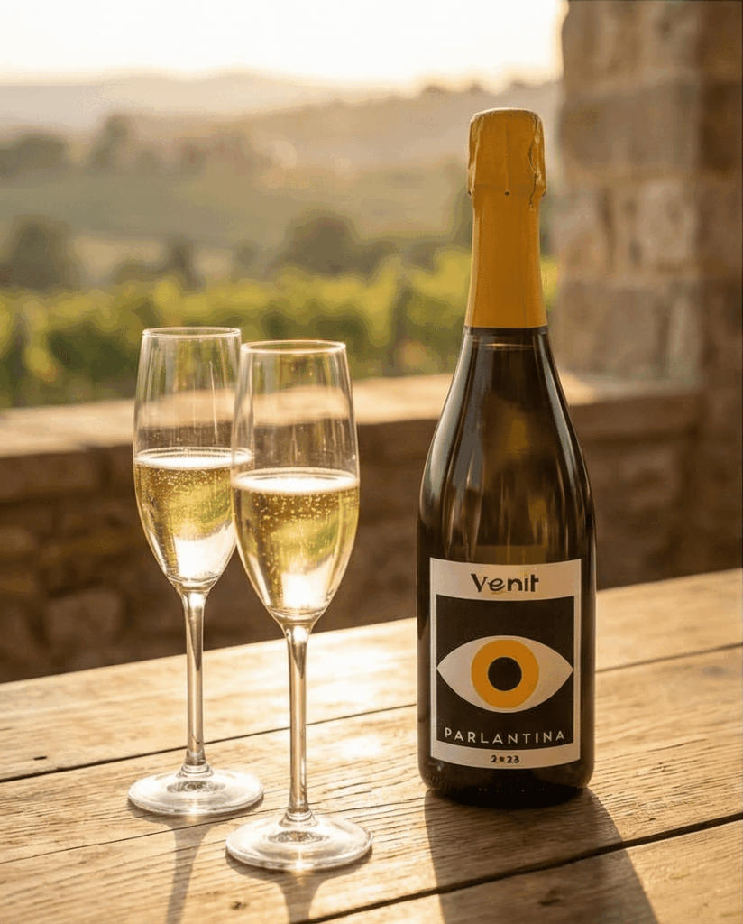 fles parlantina met twee flute glazen op houten tafel.