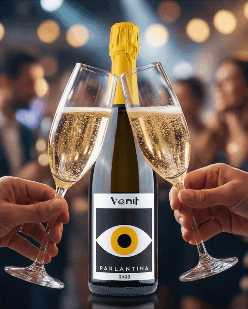 fles parlantina met twee glazen die klinken om te proosten.