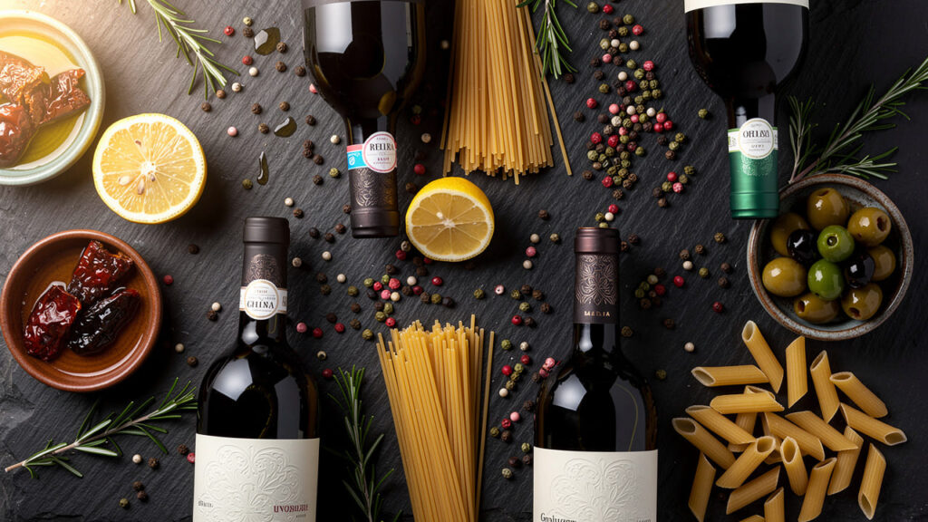Italiaanse wijnflessen omringd door pasta en kruiden.