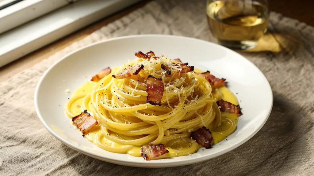 Romige pasta carbonara met glas volle witte wijn.