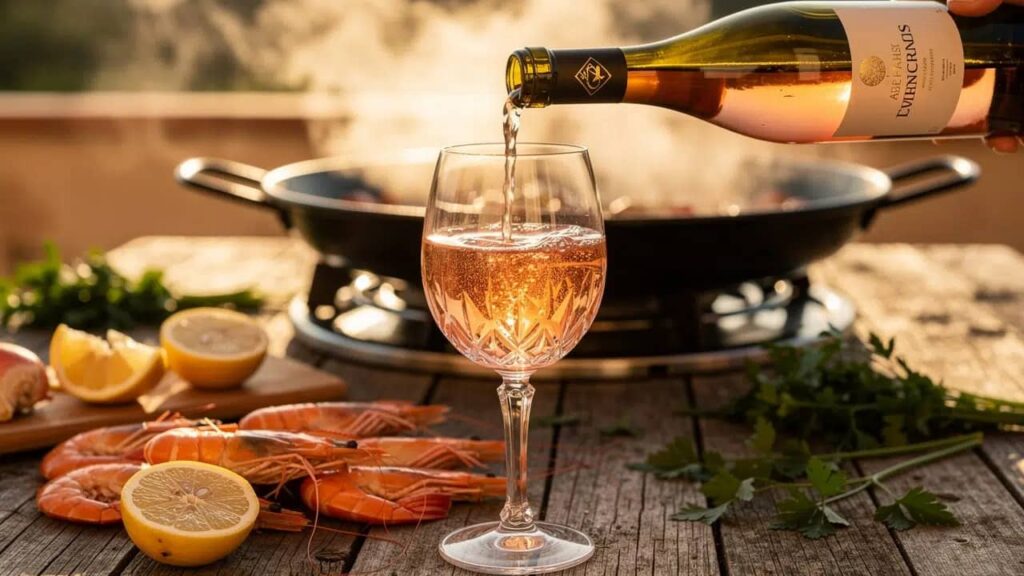 Droge rosé wijn ingeschonken naast grote garnalen en een dampende pan Paella.