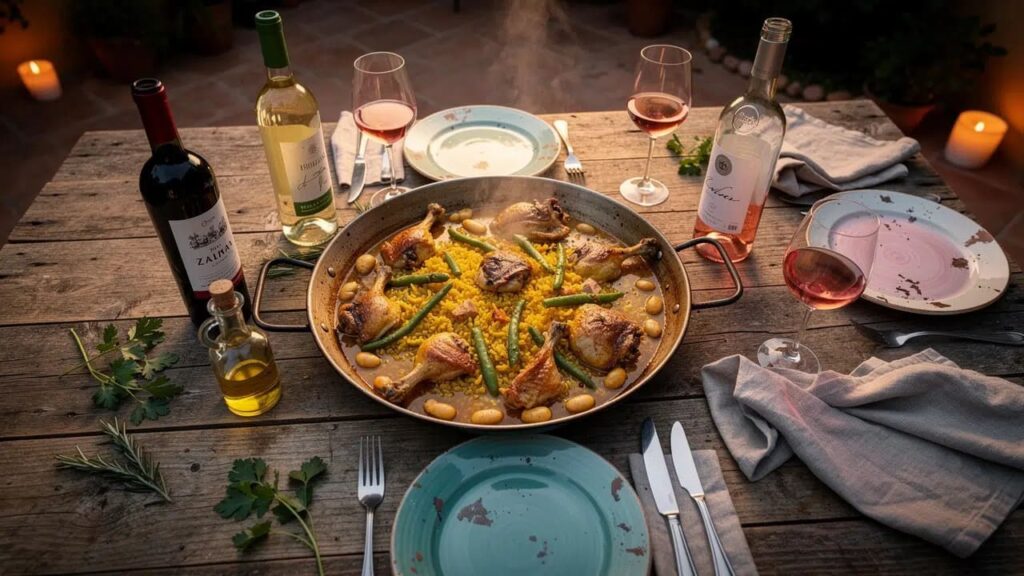 Gedekte terrastafel met grote pan Paella en diverse flessen en glazen wijn.