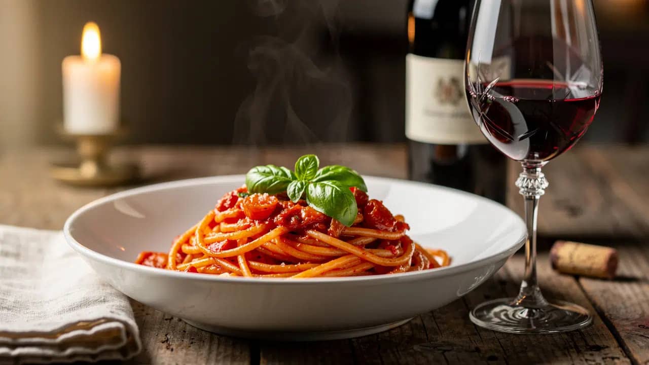 Wijn bij pasta Italiaanse tafel sfeer.