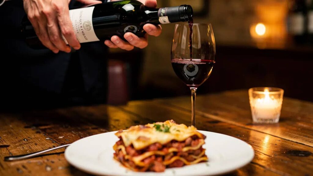 Sommelier schenkt rode wijn in bij dampende lasagne bolognese.