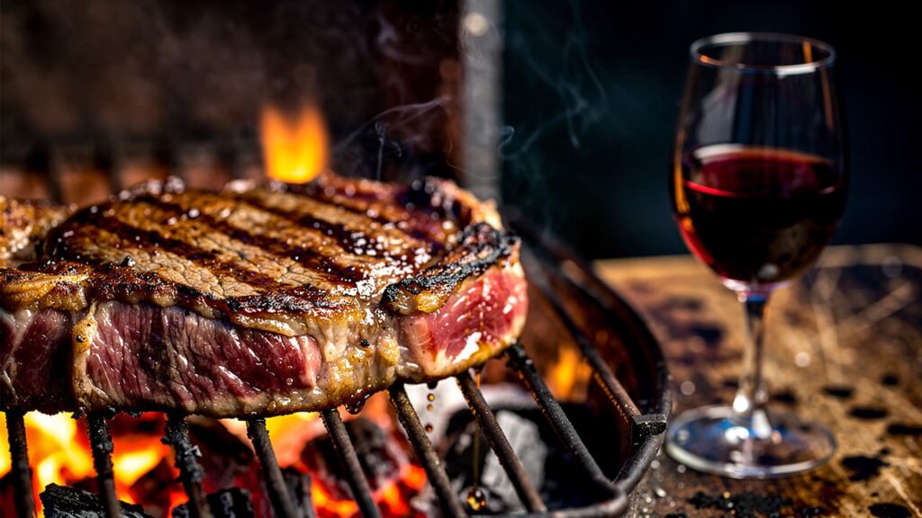 Gegrilde ribeye steak op houtskoolrooster met glas rode wijn. Gegrilde ribeye steak op houtskoolrooster met een glas rode wijn.