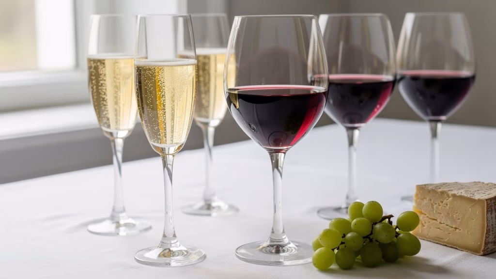 Champagne en Cava glazen met bubbels op gedekte tafel Champagne en Cava glazen met bubbels op gedekte tafel