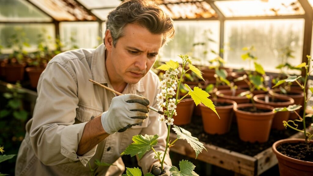 Een man veredelt druivenplanten voorzichtig met een kwast in de kas voor Piwi selectie. Onderzoeker veredelt druivenplanten in kas voor Piwi selectie
