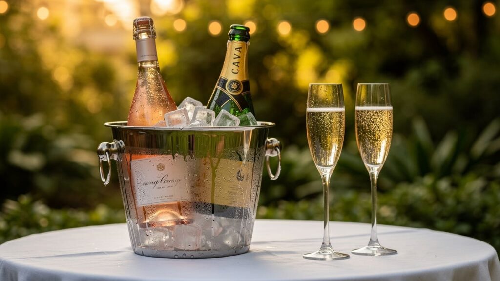 Flessen gekoelde rosé en mousserende wijn in ijsemmer buiten op tafel met twee gevulde flutes.. Gekoelde rosé en mousserende wijn in ijsemmer buiten.