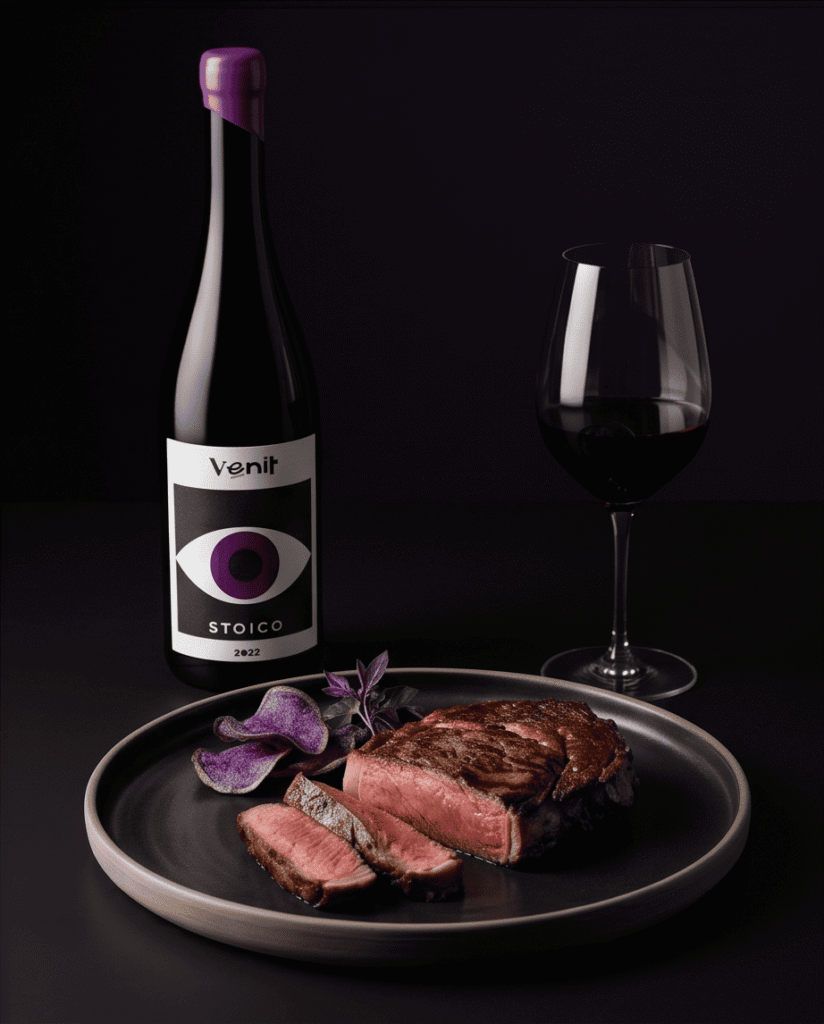 Stoico met gerecht met rood vlees en glazen rode wijn