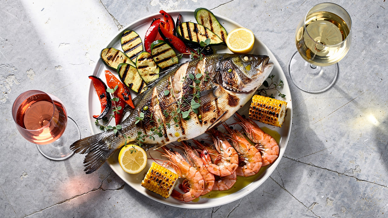 Gegrilde vis en groenten met witte wijn en rosé.