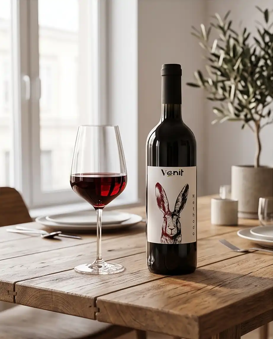 Balioso Carménère op rustieke houten tafel met glas rode wijn