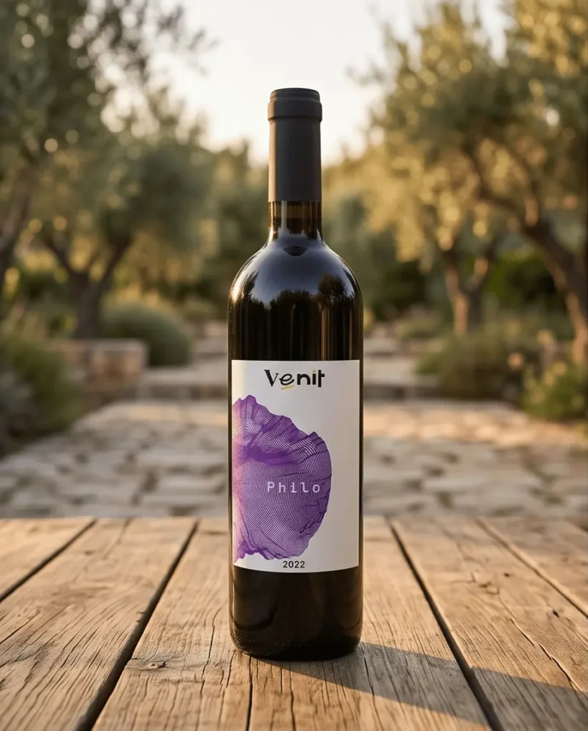 Philo Merlot Friuli Venezia Giulia op houten terras tafel