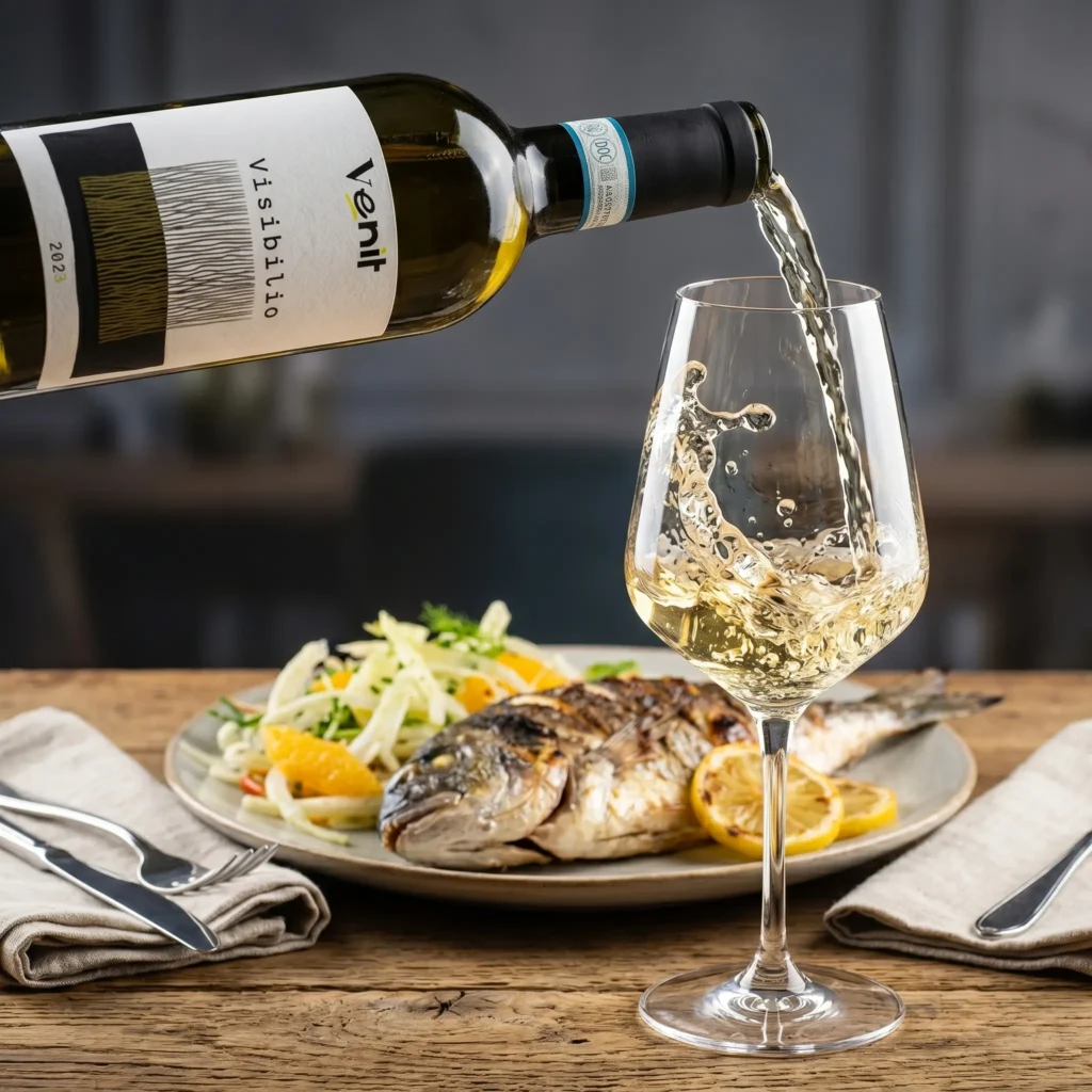 Gegrilde vis met salade en citroen en een glas dat wordt ingeschonken met Visibilio Pinot Grigio DOC Delle Venezie