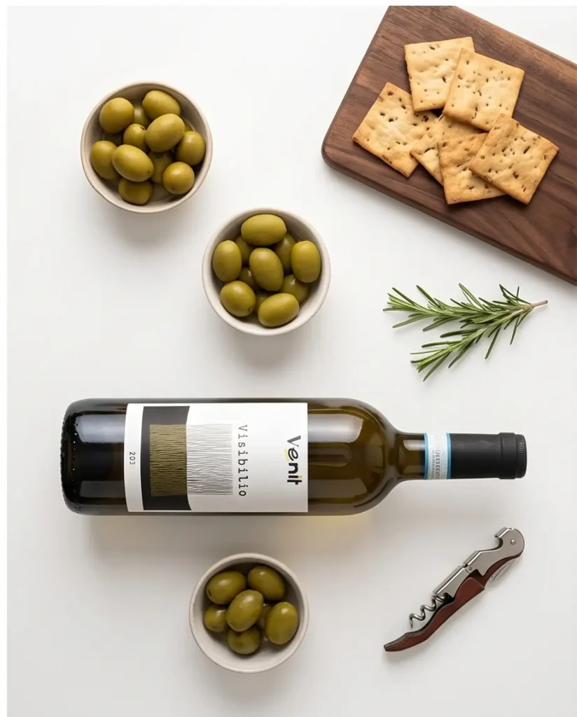Fles Visibilio Pinot Grigio DOC Delle Venezie liggend tussen schaaltjes olijven takjes rozemarijn en toast op een snijplank.