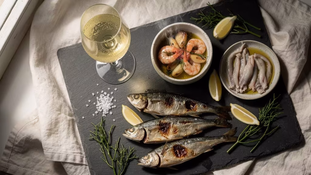 Albariño wijn naast gamba's en zeevruchten tapas Albariño wijn naast gamba's en zeevruchten tapas