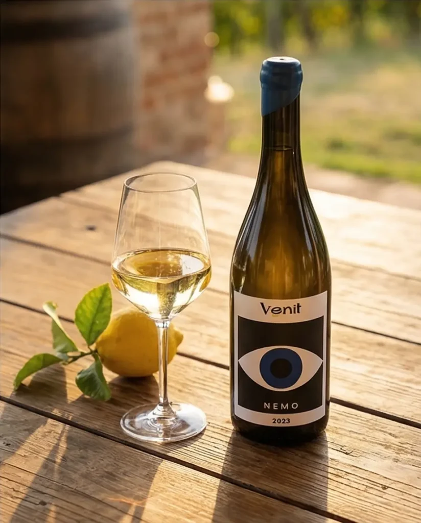 Nemo Solaris igt veneto op tafel met glas witte Piwi wijn