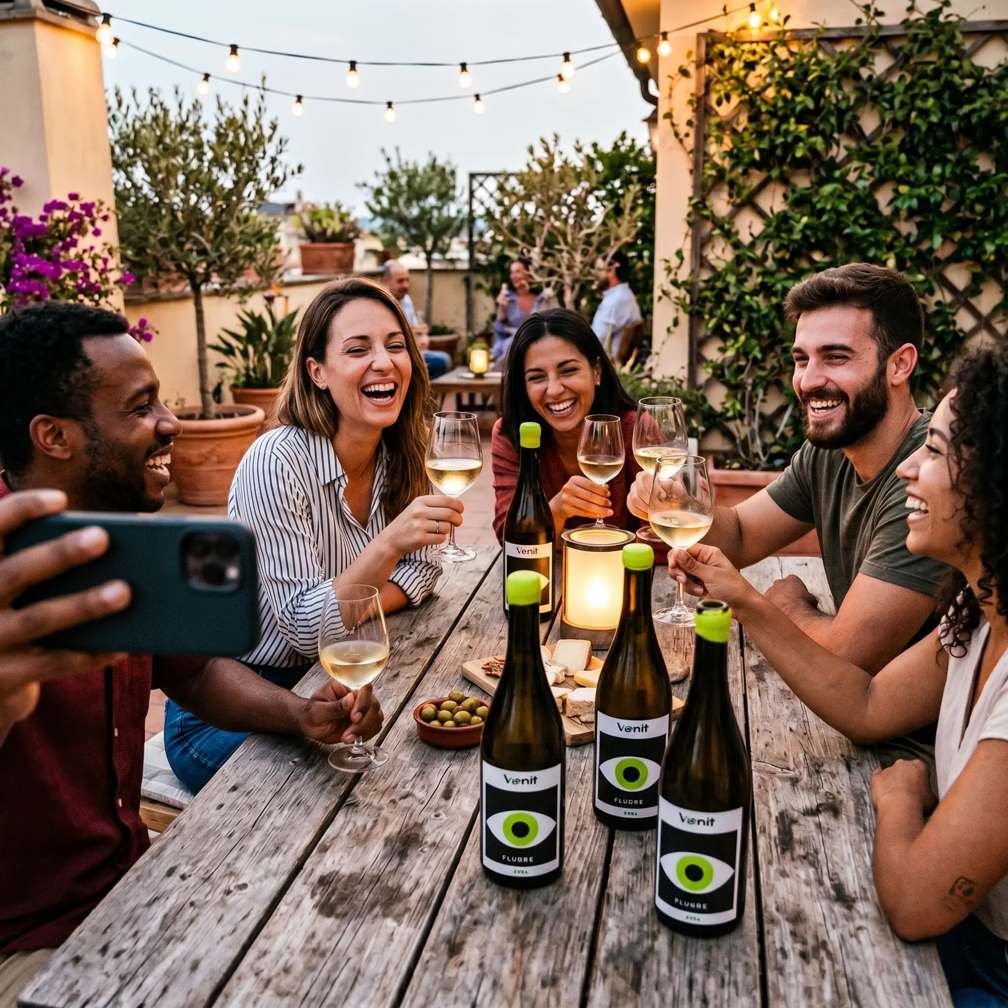 Fluere op het terras met een groep vrienden aan tafel , witte Piwi wijn